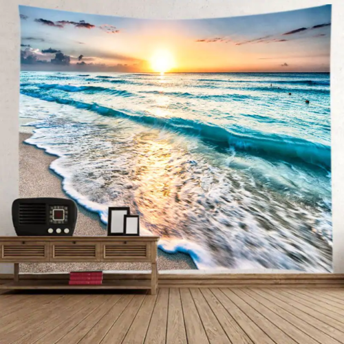 Sunrise Beach Waves Print Tapestry Wall Hanging Art