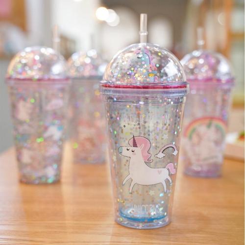 Double Wall Unicorn Plastic Cup with Lid