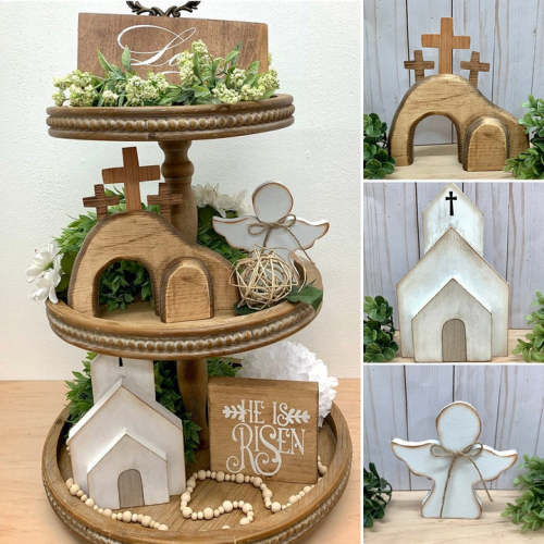 Wooden Easter Jesus Sign Tiered Tray Decors