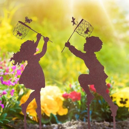 Children Chasing Butterfly Silhouette Garden Stake