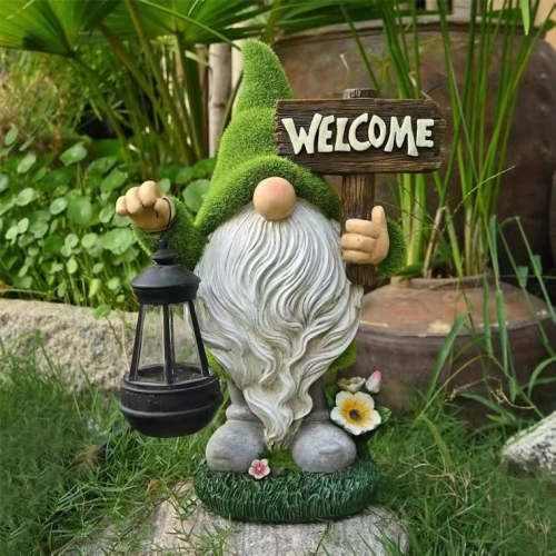 Solar Garden Gnome Statue With Welcome Sign