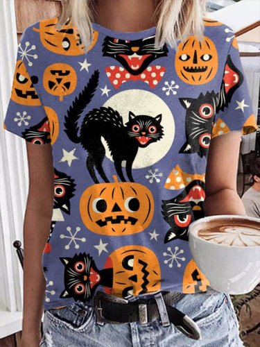 Women's Halloween Pumpkin Black Cat Print T-Shirt