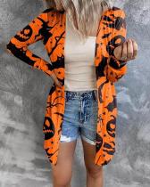 Early Fall Slim Fit Long Button Cardigan Halloween Element Print Outerwear