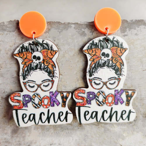 Cute Halloween Spooky Teacher Wooden Earrings