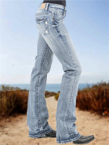 Stars Embroidered Washed Cowgirl Bootcut Jeans