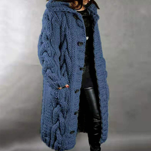 Hooded Solid Color Twist Thick Sweater Cardigan
