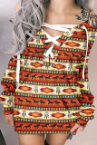 Western Print Off Shoulder Casual Sweatshirt Mini Dress