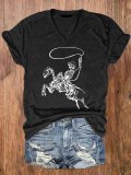 Women's Vintage Western Riding Skull Denim Print T-Shirt