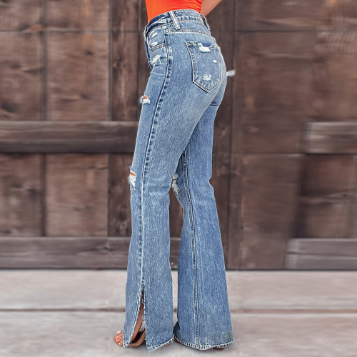 Stylish Washed Shredded Micro Flare Slit Jeans
