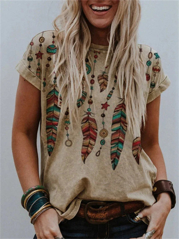 Western Ethnic Feathers Graphic T Shirt