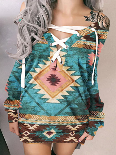 Stylish Ethnic Print Sweatshirt Mini Dress