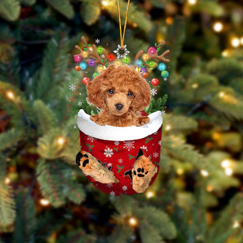 RED Toy Poodle In Snow Pocket Christmas Ornament