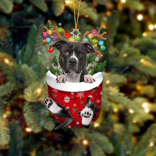 BLACK American Pitbull Terrier In Snow Pocket Christmas Ornament