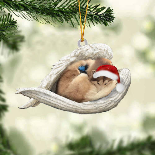 Tan and white husky Sleeping Angel Christmas Ornament