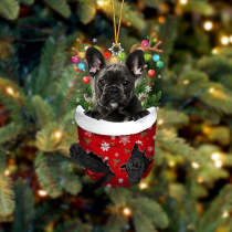 BLACK French Bulldog In Snow Pocket Christmas Ornament