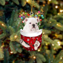 WHITE English Bulldog In Snow Pocket Christmas Ornament