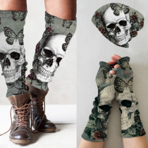 Punk skull print knitted hat +leg warmers + fingerless gloves set