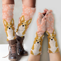 Vintage corgi puppy print knitted leg warmers + fingerless gloves set