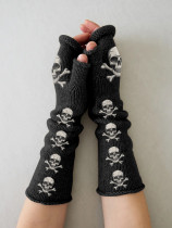 Retro skull casual print knit fingerless gloves