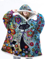 Floral Cat Print Fleece Oversize Blanket Hooded Pajamas Hoodie