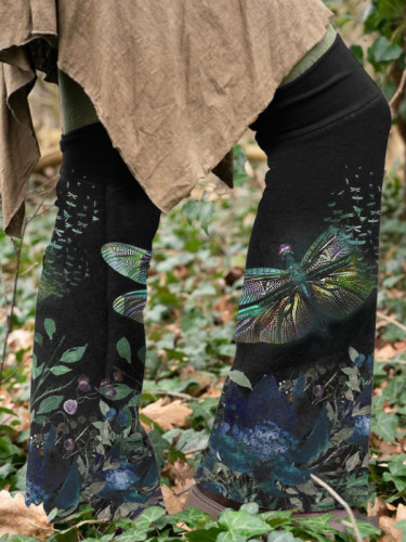 Retro dragonfly print knit boot cuffs flared leg warmers