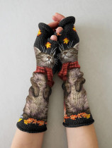 Retro cat casual print knit fingerless gloves
