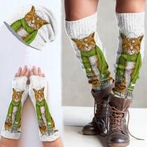 Retro Cat Printed Knitted Hat + Leg Warmers + Fingerless Gloves Set