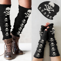 Punk skull print knitted hat +leg warmers + fingerless gloves set