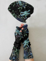 Vintage print knitted hat + fingerless gloves set