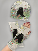 Vintage cat print knitted hat + fingerless gloves set