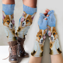 Vintage corgi puppy print knitted leg warmers + fingerless gloves set