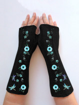 Vintage Slouchy Floral Print Knit Fingerless Gloves