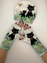 Vintage cat print knitted hat + fingerless gloves set