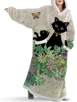 Retro Floral Cat Print Fleece Oversize Blanket Long Hooded Pajamas Hoodie