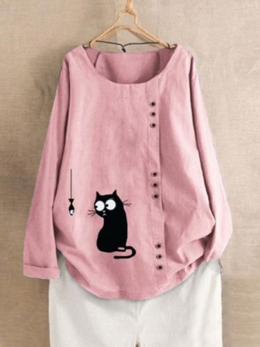 Women's Funny Black Cat Print Cotton Shirt