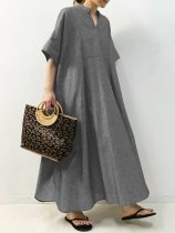 Women's V-Neck Half Sleeve Cotton Linen Dress