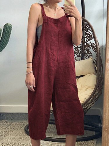 Women's Pure Color Cropped Wide Leg Overalls