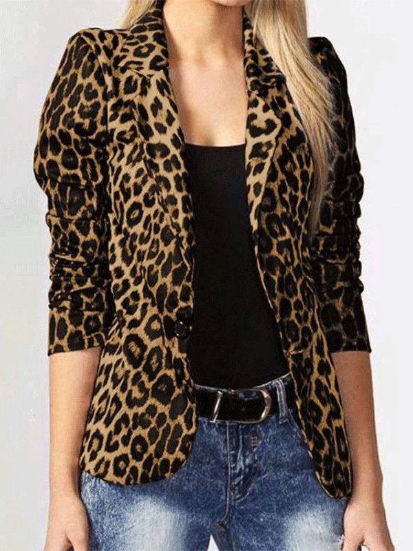 Women's Leopard Print Long Sleeves Button Lapel Jacket