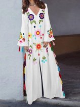 Floral Print Tassel Slit Long Sleeve Casual Dress