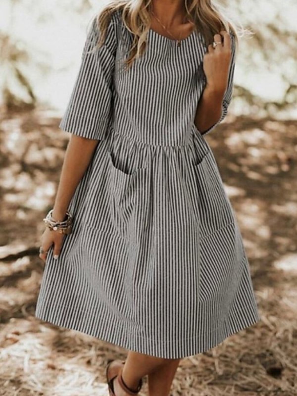 Women's Fashion Casual Cotton Linen Striped Pocket Loose Round Neck Dress