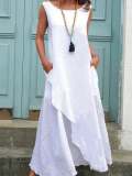 Women's Cotton Linen Solid Color Sleeveless Dress