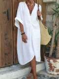 Women's Cotton Linen V-Neck Loose Comfortable Dress