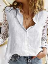 Women's Pure Color Lace Panel Casual Cotton Shirt