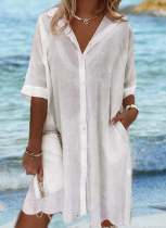 Women's Lace Hollow Beach Cotton Linen Shirt Dress