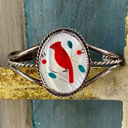 Zuni Style Inlay Bracelet with Red Cardinal in Mother of Pearl Sterling Silver