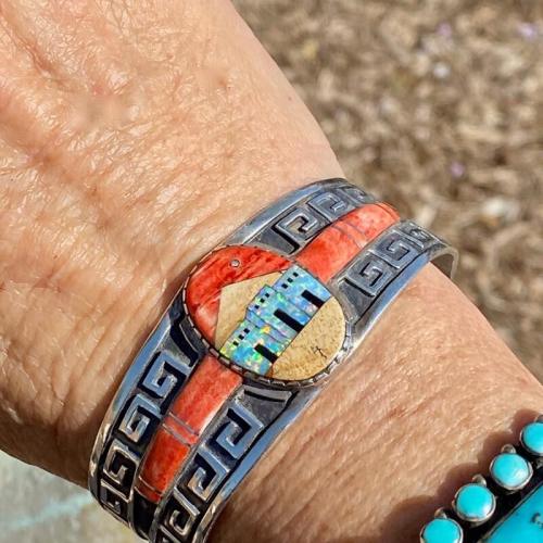Southwestern Pueblo Themed Bracelet with Opal Sterling Silver