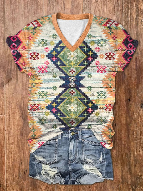Women's Western Vintage Aztec Ethnic Print Short Sleeve V Neck T-Shirt