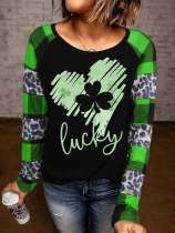 St. Patrick'S Day Leopard Plaid Clover Heart Print T-Shirt
