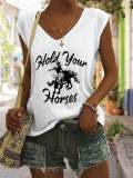 Women's Retro Hold Your Horses Western Cowboy Print Sleeveless Tee