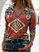 Women's Western Vintage Aztec Ethnic Print V Neck Zipper Long Sleeve T-Shirt
